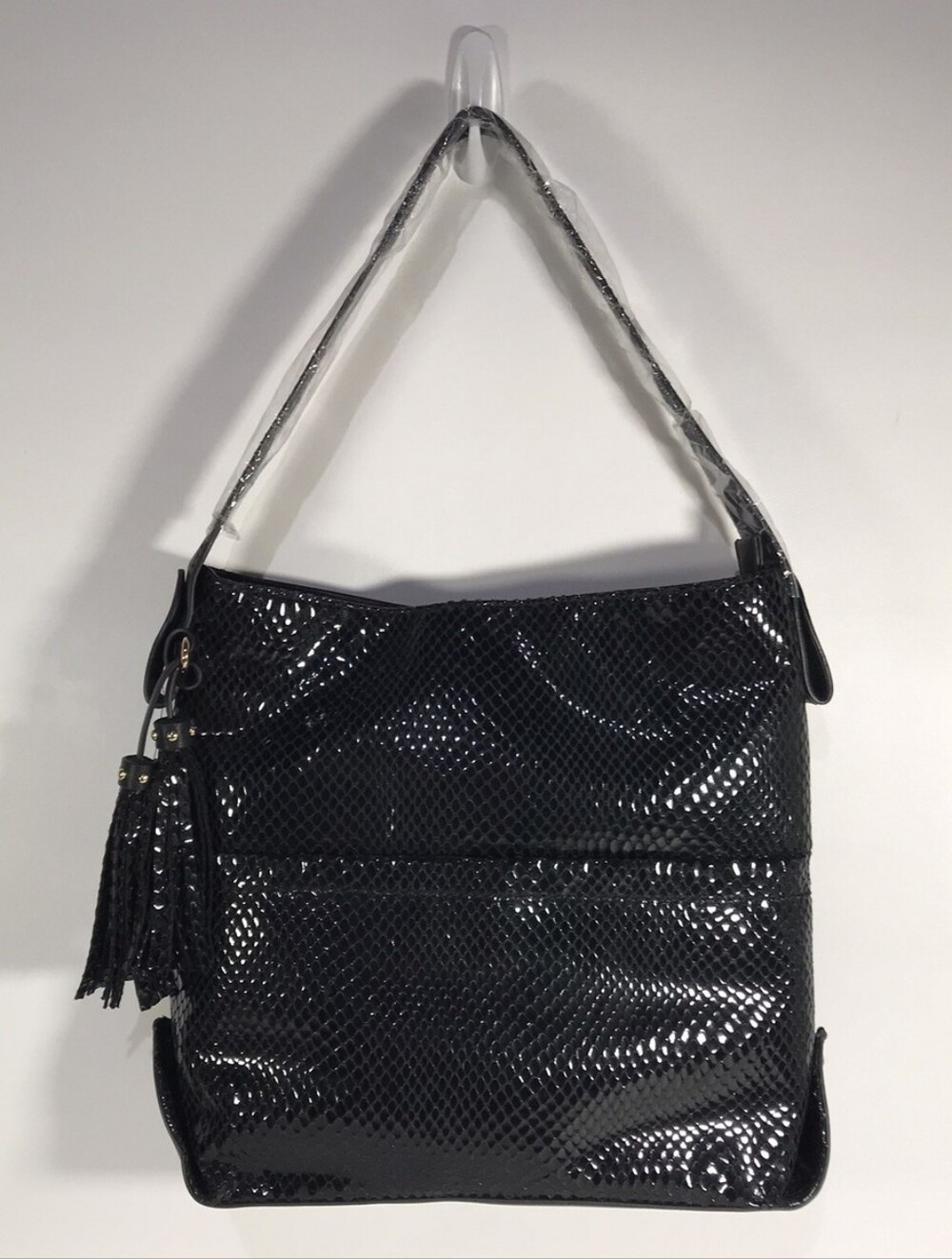 Sondra Roberts Squared Black Shoulder Bag Shiny "Snakeskin" Look Faux Leather